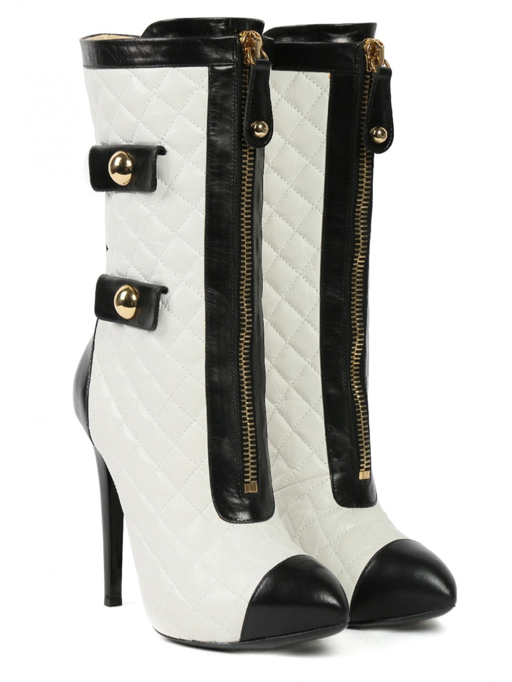 Moschino Black & White Quilted High-Heel Ankle Boots with Gold Front Zip Size 8
